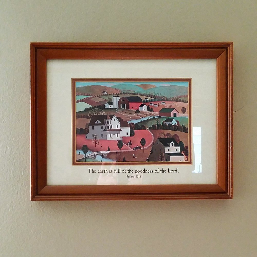 Folk Art Print of Scenic Countryside with Psalm 33:5,  Framed and Matted